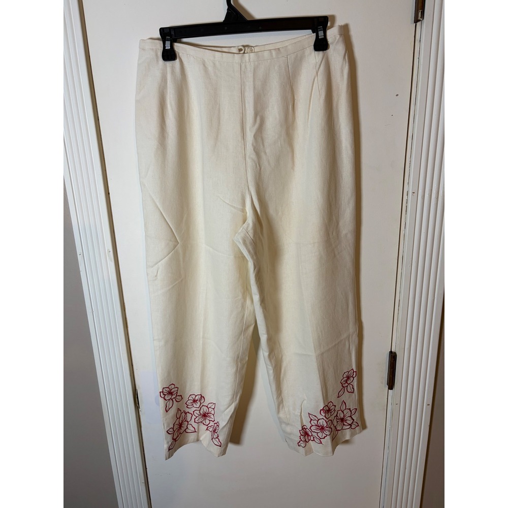 Plaza Collection Cream Linen Blend Floral Embroidered Crop Pants Womens 10